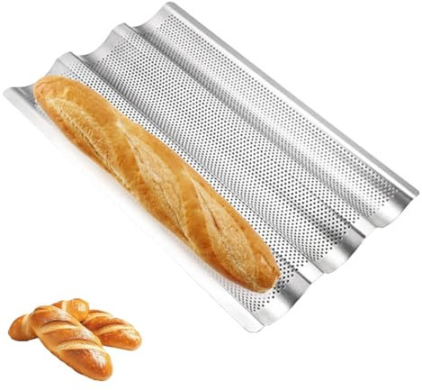 Eidoct Baguette Baking Bread Tray French Stick Bread Carbon Steel Baguette Bake Tray 3 Non-Stick Coating Perforated Baking Oven Bake Bread （Silver）