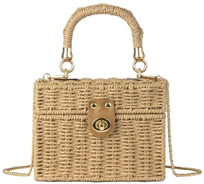 HuiYStar Sac en Rotin Tressé à La Main pour Les Femmes-Osier Carré D'été Paille Plage Bandoulière sac à Bandoulière,Marron
