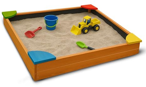 Bestlivings Sandkasten mit Abdeckung 90x90x16 cm, Holz Sandbox inkl. Bodenplane gegen Unkraut und Käfer, Buddelkasten mit bunten Ecken für den Garten