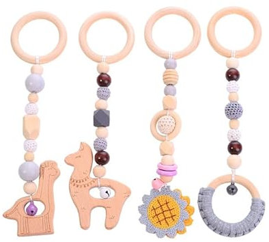 Xiyocadt Spielbogen Baby Spielzeug ab 0 Monate,4 Stück Spielebogen Babies Toys Spielbögen Baby Gym Anhänger Holz,für Babyschale Anhänger Holz,für Autositze, Kinderwagen und Autositzspielzeug (28cm)