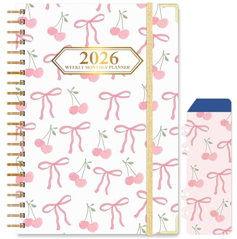 Knagsfa 2026 Monthly Planner, Jan.2026 - Dec.2026 Weekly Monthly Planner 6.25x8.5 with Page Tabs, Calendar Hardcover with Inner Pocket, Elastic Band, Twin-Wire Binding, Bookmark, Bow Cherry