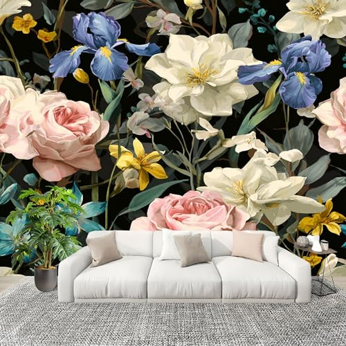 3D Créatif Papier Peint Panoramico Elementos Florales Retro Décoration De La Maison Papel Tapiz Imperméable Murales 300X210 cm Negro Amovibles ExtraíBle Para Despegar Y Pegar Fotomurales