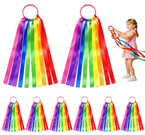 PORFOYO 8 Stück Tanzbänder Kinder mit Ringen, Gymnastikband Kinder, Gymnastik Rhythmische Band, Sportgymnastik Band, Regenbogen Bänder für Tanzaufführung und Sport 10CM Ring 45CM Band