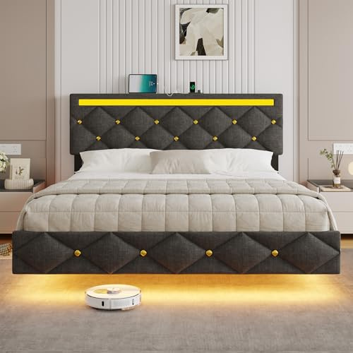 DICTAC King Floating Bed Frame 150x200 cm (5ft) – Platform Bed with LED Lights and Charging Station, Upholstered Adjustable Headboard, Silent & Sturdy, Floating Kingsize Bed Frame with LED Lighting