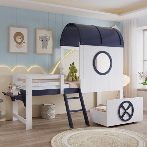 Halvhög säng 90 x 200 cm, hussäng med tak, fönster, furu, vit, mörkblå våningssäng med låda, våningssäng med stege hylla för ungdomsrum, gästrum (utan madrass)