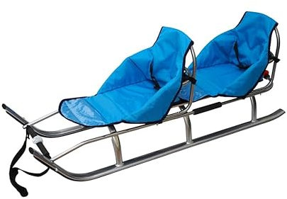 2in1 Kinder Duo Schlitten aus Aluminium mit Rückenlehne, Matrazen, LED für Kinder und Erwachsene 2 Personen Tragfähigkeit bis 100kg (Silver/Blue)