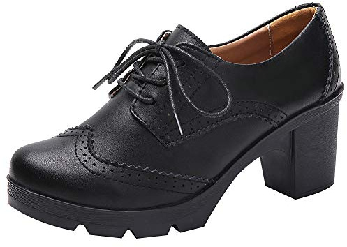 Jamron Femmes Talon Bloc Brogues à Lacets Chaussures de Derby Escarpin Chaussures Habillées Noir SN02955 EU40.5