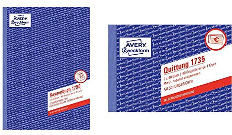 AVERY Zweckform 1756 Kassenbuch, weiß/gelb & 1735 Quittung (A6 quer, von Rechtsexperten geprüft, mit separat ausgewiesener MwSt., für Deutschland und Österreich, 2x40 Blatt) weiß/gelb