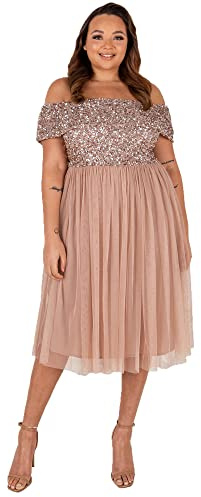 Maya Deluxe Vestidos Bardot para Mujer, Midi Cintura Alta Imperio, Lentejuelas, Adornados, Formal, Noche para Invitados de Boda Dama de Honor, Rubor Taupe, 24