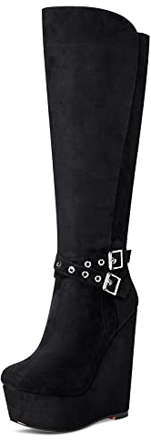 NobleOnly Scarpe col Tacco Donna Plateau Zeppa Stivali Metà Polpaccio Cerniera Wedge Boots 16CM High Heels Nero Pulsante Scarpe EU 37