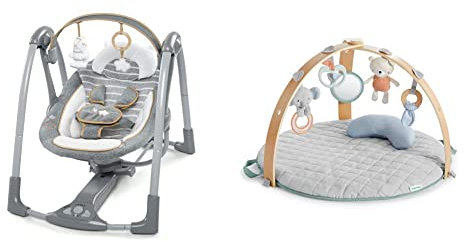 Ingenuity, Swing 'n Go Portable Swing - Boutique Collection - Bella Teddy & Cosy Spot Reversible Duvet Activity Gym, Loamy