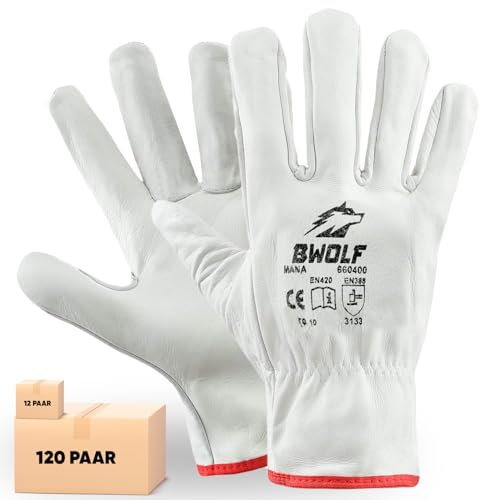 BWOLF MANA 12/60 Paar Arbeitshandschuhe Leder Arbeitshandschuhe Herren, dornenfest, reißfest mit elastischem Handgelenk (11, 12 stück)