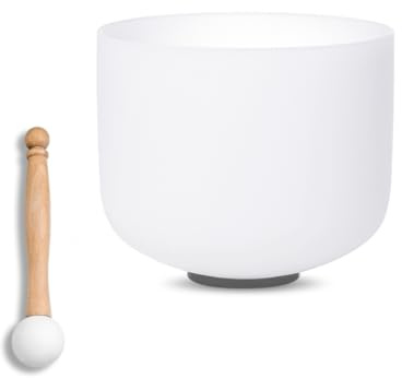 SOUNDELLO 8 inch White C Note Root Chakra Quartz Crystal Singing Bowl, for Healing Mindfulness Meditation Yoga Sound Baths, with Rubber Mallet O-ring