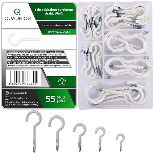 QUADRIOS Schraubhaken Set – 55 Stück Hakenschrauben aus beschichtetem Stahl, Weiß – Decken- & Wandhaken für Innen & Außen