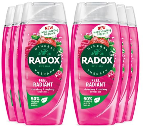 Radox Mineral Therapy Shower Gel Feel Radiant with Nature Inspired Mood Boosting Fragrance Body Wash for Women Blended with Strawberry and Raspberry, 225ml (Buy 6)