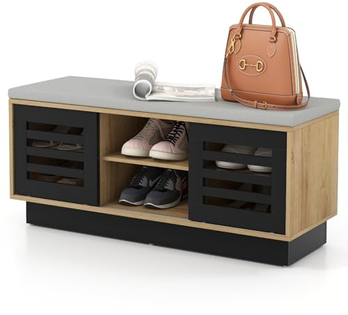 RELAX4LIFE Panca Scarpiera Legno con Cuscino, Panca Porta Scarpe con 6 Livelli e 3 Ripiani Regolabili, 2 Porte Scorrevoli, Risparmio di Spazio, Portascarpe per Ingresso, 99,5x34,5x46cm (Grigio)