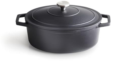 Qulinart by Brandt - Cocotte en Fonte d'Acier Forme Ovale 30 cm - Répartition Lente et Uniforme de la Chaleur - Cuisson Optimale - Couvercle à Condensation - Noir Mat