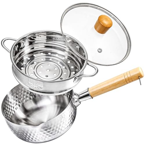 DEAYOU Stainless Steel Saucepan with Steamer, 1.2 Quart Yukihira Sauce Pan with Lid, Traditional Japanese Small Cooking Pot with Wood Handle and Two Side Spouts for Milk, Ramen, Soup, Tempura, 7