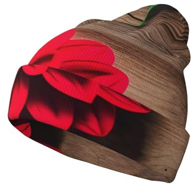 ERSDWRE Planche en bois rétro fleur rouge imprimé dahlia unisexe sport loisirs sans bord bonnet tricoté chaud et élégant pour l'hiver extérieur, Noir , Taille unique