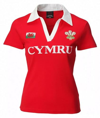 Manav Ladies Womens Cymru Short Sleeve Welsh Wales Rugby Shirt V-Neck Collar Cotton Shirts Top Breathable Quick Dry Lightweight Performance Sports Outdoor Red