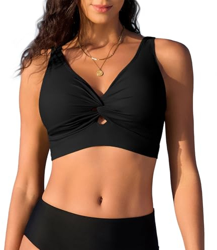 Black Women's Bikini Top Twist Front V-Neck Swimwear Adjustable Padded Swim Bra Mix & Match Bathing Suit Tops for Large Bust UK Holiday Beachwear