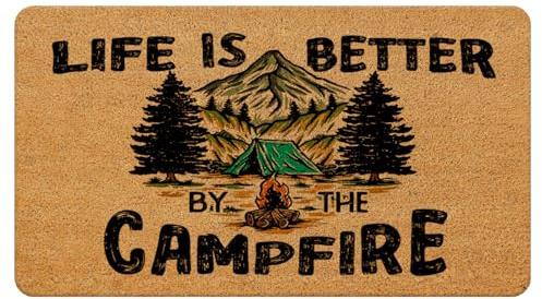 Likjad Camping Door Mat, Life is Better by The Campfire Camper Doormat Bathmat for Bathroom Home Outdoor Indoor Entrance, Camping Welcome Mats for Front Door Porch Entryway, 17x30 Inches