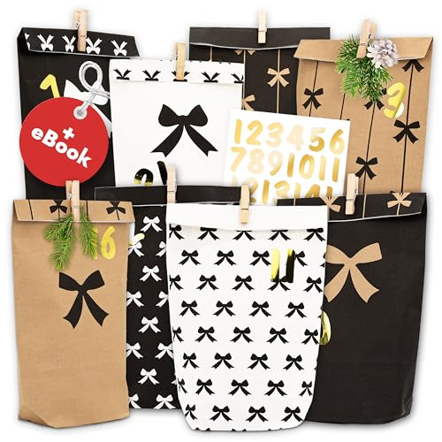 AMARI Calendario dell'Avvento da riempire, 24 sacchetti di carta dell'Avvento (con mollette in legno) per fai da te per Natale, sacchetti di Natale con numeri adesivi