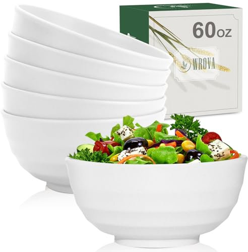 Wrova Unbreakable Ramen Bowl 60 OZ - Set of 6 Reusable Plastic Bowls for Kitchen Microwave and Dishwasher Safe Bowl for Dorm and Apartment, Bowls for Serving Ramen and Salad Etc-White