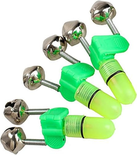 3Pcs Green Fishing Accessories Fishing Rod Tip Bite Alert Alarm Twin Bells with Night LED Light Lamp Fishing Bite Indicators and Outdoors Fishing Tools