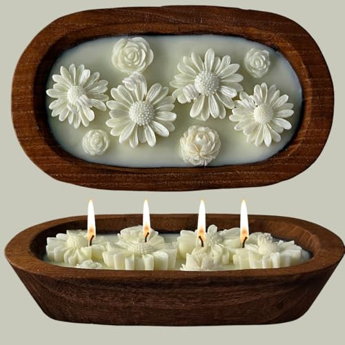 Vela de cera de soja con flores en cuenco de madera sostenible – Vela de 4 mechas – Producto natural y decoración – Idea de regalo vegana para el hogar o para regalar – Decoración para cualquier