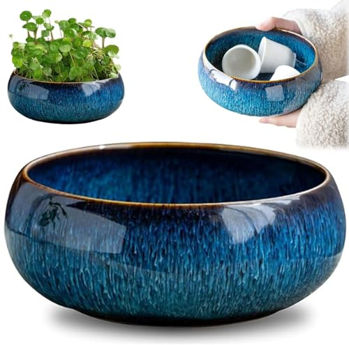 Generisch Vaso per fiori di loto, in ceramica, vaso di grandi dimensioni calibrate con glassa, vaso per narcisi, ninfea di loto, casa di piante grasse, semplice bacino in ceramica (blue-a)