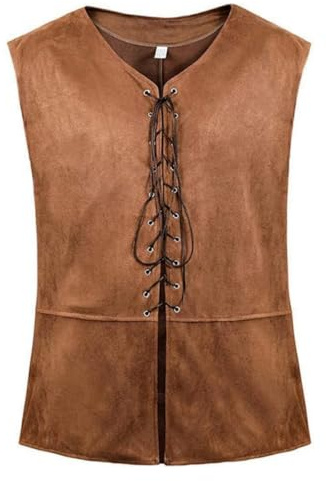 Gilet médiéval pour homme, gilet vintage Renaissance lacets et col en V, avec cordon serrage costume de pirate gilets sans manches rétro steampunk viking, débardeur daim et cuir pour Halloween cosplay