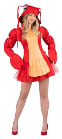 My Other Me - Disfraz Bogavante Mujer, talla S. Incluye vestido rojo con capucha, ojos saltones y antenas, mangas abullonadas que terminan en grandes pinzas, y detalles naranjas.