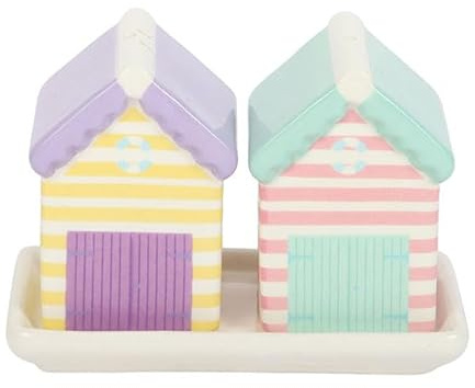 Pastel Beach Hut Salt & Pepper Shakers Set | Ceramic with Matching Tray | Seaside Kitchen Decor | Coastal Gift Idea