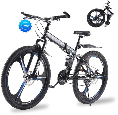 TRIOBLADE 24/26/27.5'' Folding Mountain Bike 21Speed Foldable Mountain Bicycle with Dual Disc Brakes 3 Spoke Wheels Mountain Bikes Dual Suspension Design for Adult Men Women (Black&Blue, 27.5inch)