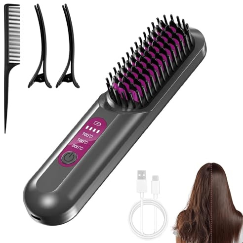 Go Brush Pro, Cordless Hair Straighteners, Heated Hair Brush for Short Long Hairs, Cordless Portable Hair Straightener Brush for Travel Office Home, Rechargeable Heated Brush with 3 Temperature Modes