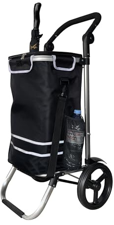 Vikbar aluminiumshoppingvagn 57 l (48 l 9 l kylfack) svart, 30 kg lastkapacitet, 35 x 45 x 98 cm, Eva lätthjul Ø 20,5 cm, vikbar, kan användas som säckkärra och axelväska, shoppingvagnskrokar