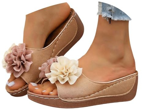 Générique Sandales Compensées Été Enfilables Mules Talon Épais Découpes Fleuries Loisir Plage École Fête (Khaki, 43)