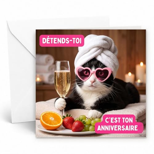 Edition Seidel Premium Carte d'anniversaire carrée avec enveloppe. Carte de vœux française Joyeux Anniversaire pour Femmes Amies chat bien-être relaxation drôle (GQ829 SW026)