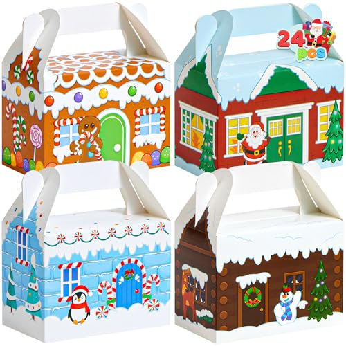 JOYIN 24 Stück 3D Weihnachten Geschenkboxen, Geschenkschachtel Süßigkeiten, Kuchen, Schokolade, Plätzchen, Kekse Karton für Weihnachten, Geschenkverpackung (Christmas House)