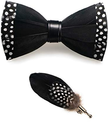 JEMYGINS Papillon fatto a mano, in pelle, con piume, con confezione regalo, da uomo, per matrimonio e feste, M