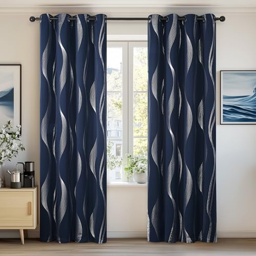 Deconovo Kids Blackout Curtains 72 Drop Navy Panels Wave Line Foil Printed Thermal Insulated Window Treatment Eyelet Curtains for Children 46 x 72 Inch Navy Blue Two Panels
