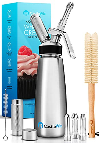 Whipped Cream Dispenser - Ultra Durable Leak-Free Stainless Steel Whipping Cream Dispenser - 3 Decorating Tips & 2 Cleaning Brushes - 1 Gripping Sleeve - Whipped Cream Maker - 500mL / 1 Pint Canister