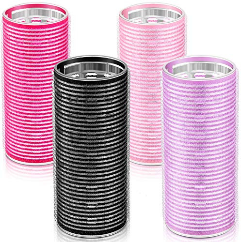 WILLBOND 4 Pcs Long Hair Rollers for Bangs Aluminum Core Curlers Thermal Self Grip Roller for Long and Medium Hair Women Hairstyle(4.7 x 2 Inch,Rose Red, Light Pink, Purple, Black)