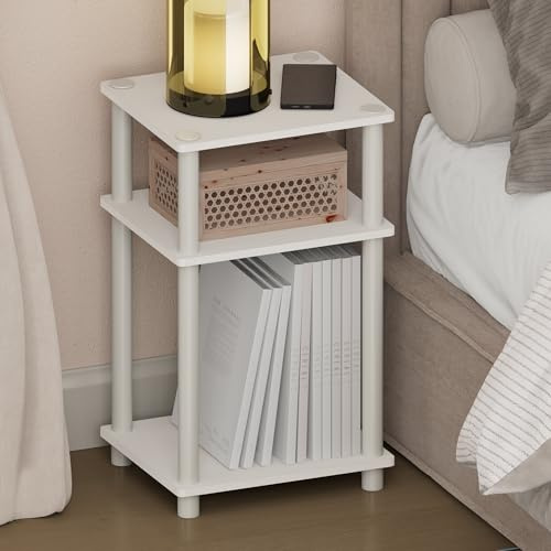 Furinno Just Table de Chevet, Table de Nuit à 3 Niveaux Turn-N-Tube, Table de Chevet sans Outil, Table d'appoint avec Rangement Ouvert pour Chambre ou Salon, Blanche
