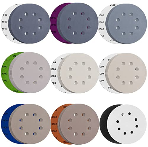 80pcs 5 inch 8 Hole Sanding Discs Hook and Loop 1500/2000/2500/3000/4000/5000/7000/10000 Grits Wet Dry Sandpaper with 2pcs Interface Pad for Random Orbital Sander Automotive Wood Metal Polishing