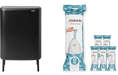 Brabantia Bo Touch Bin Hi - 2 x 30 Litre Inner Buckets (Matt Black) Waste/Recycling Kitchen Bin + O Liners Multipack Box (120 rolls)