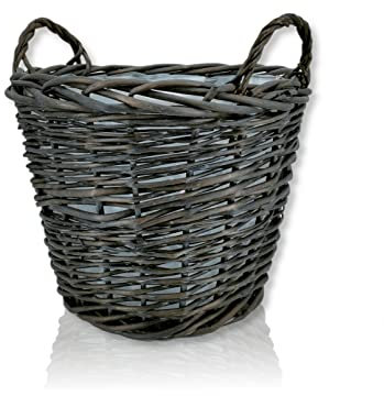 DARO DEKO Weiden Pflanzkorb mit Henkeln und Kunststoffeinsatz Aufbewahrungskorb Pflanzkübel Übertopf Blumen-Korb (schwarz, Ø 48cm)