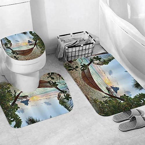 Badteppich 3 Stück Weiche saugfähige Badematten,Strand-Hängematte am Sandstrand Palmen Holzsteg Blick auf den Sonnenuntergang,Rutschfeste Badematte Teppiche & Toilettendeckelabdeckung Set Waschbar
