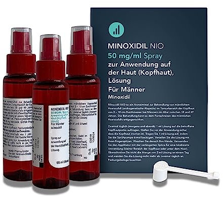 NIO Minoxidil 5% - 3x60ml Haarpflege Lösung, 50mg Minoxidil/1ml, wirkt Haarausfall entgegen, für Männer mit erblich bedingtem Haarausfall, fördert Haarwachstum, 2x tägl, Sprühkopf & Pipette
